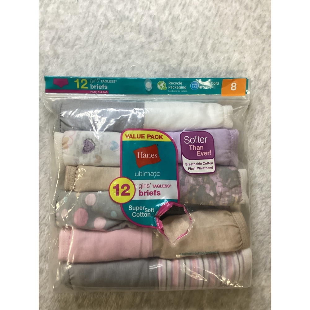 Hanes Ultimate Girls Tagless Brief 12 Pack Super Soft Cotton Sz 8 missing 1 pair